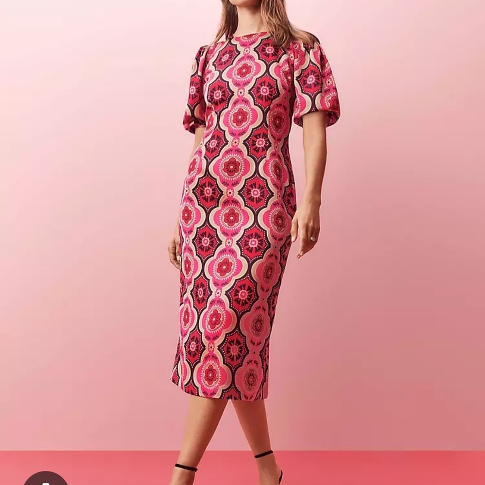 Ann Taylor Pink and Black Patterned Midi Dress